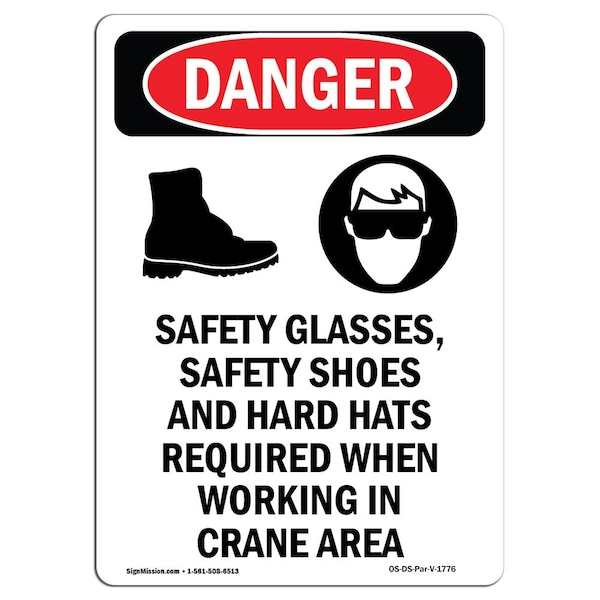 OSHA Danger Sign, Safety Glasses Safety, 24in X 18in Decal, 18" W, 24" H, Portrait